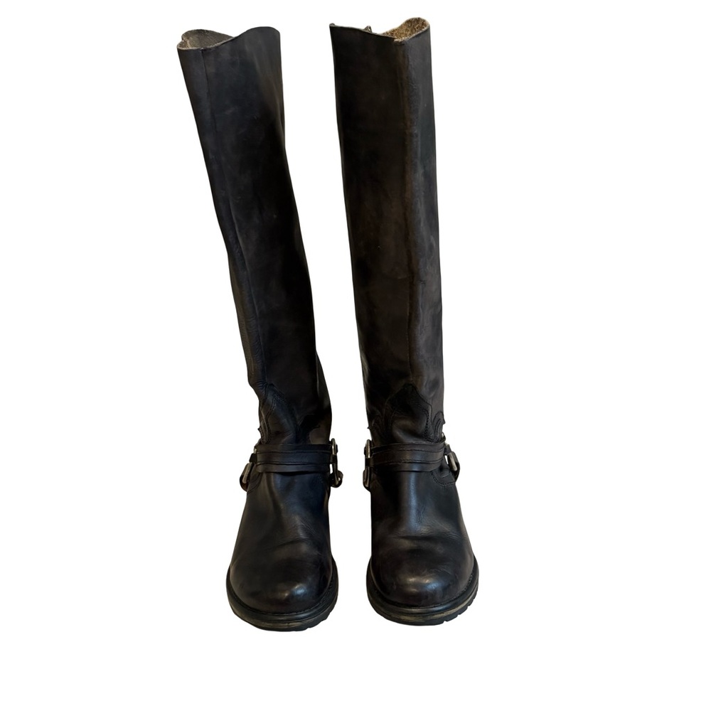 Steve Madden Judgemnt Distressed Black Leather Fleur-De-Lis Riding Boots, Sz 10 - Picture 5 of 16